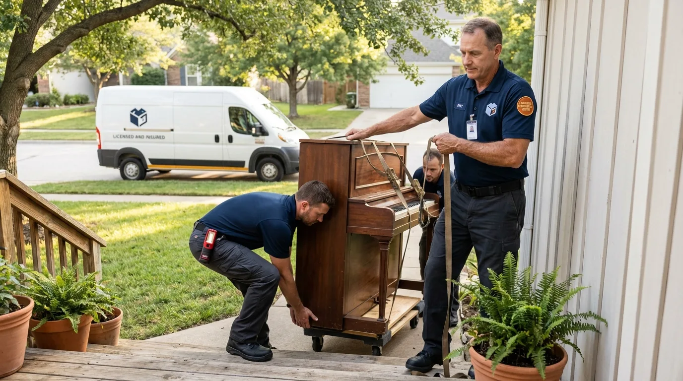 Licensed piano movers securing grand piano in Joplin, MO