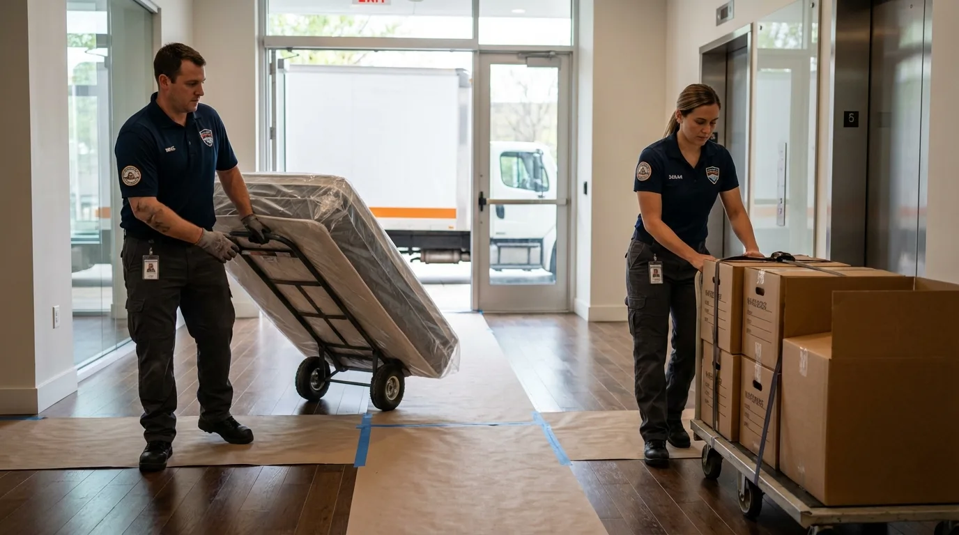 Professional apartment movers loading elevator in Joplin, MO