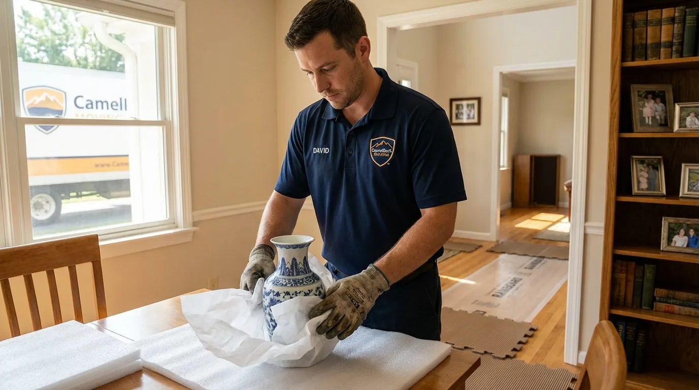 Professional crew carefully wrapping antique vase for senior downsizing move in Joplin, MO